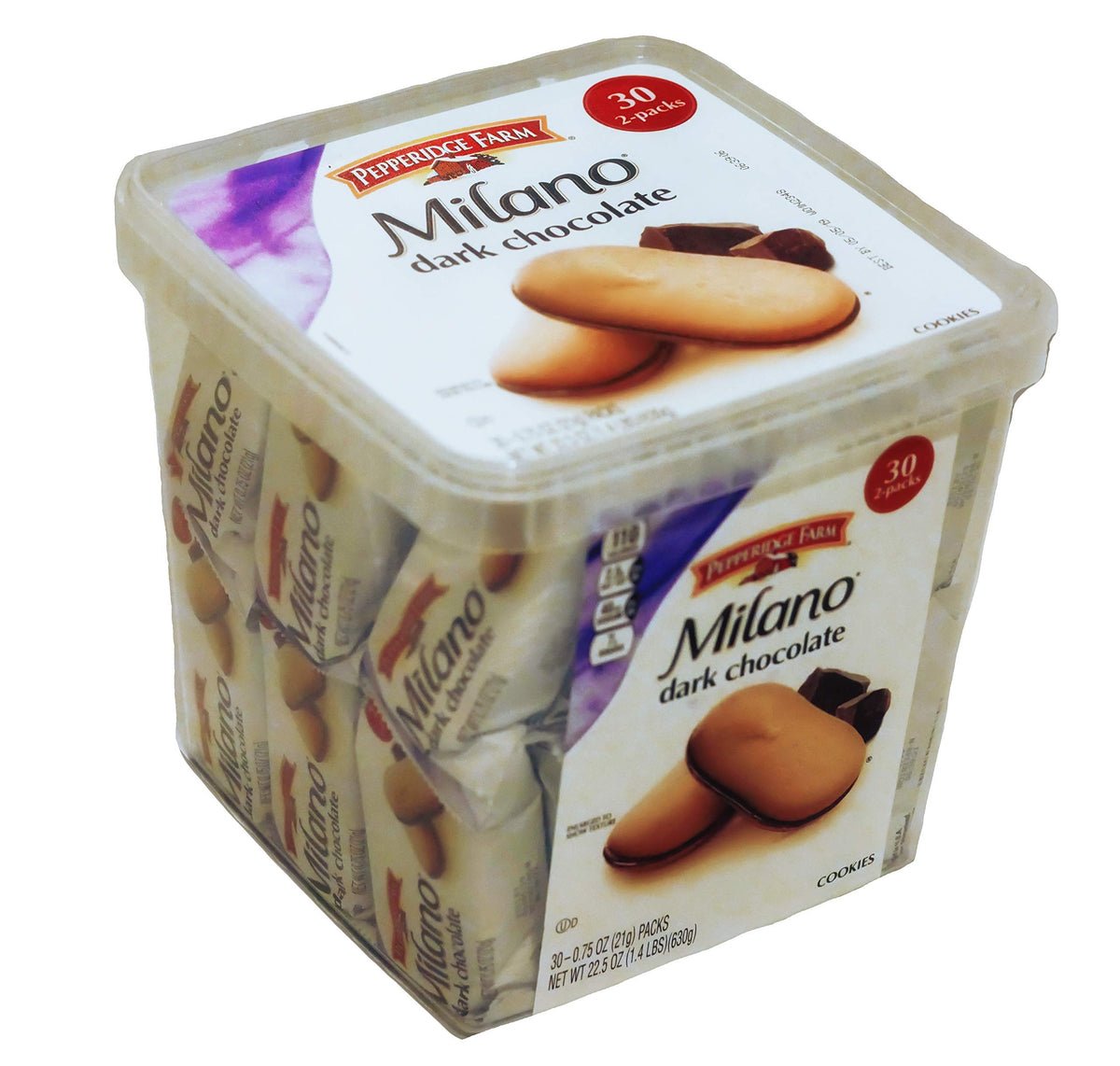 Pepperidge Farm Milano dark chocolate tub with 30 cookies, ideal for sharing.