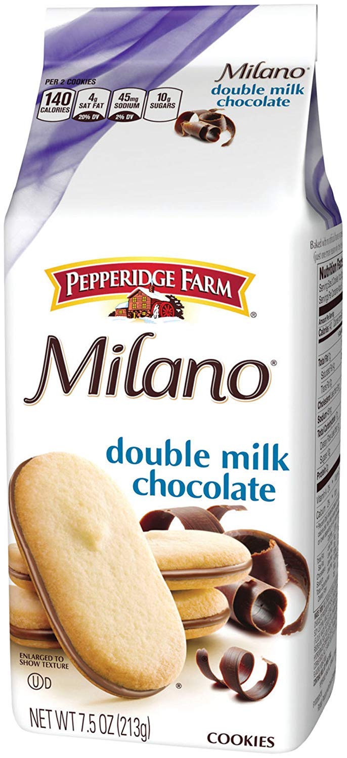 Pepperidge Farm Milano Double Milk Chocolate cookies pack, ideal afternoon indulgence and quick treat.