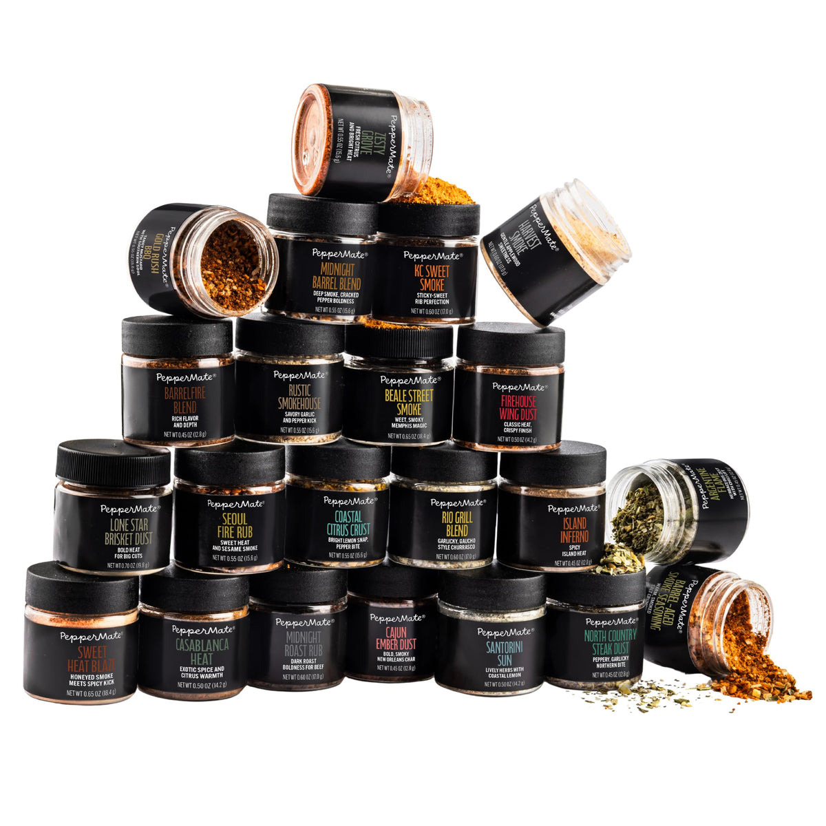 PepperMate 22-Spice Gift Set jars on display ready for grilling adventures