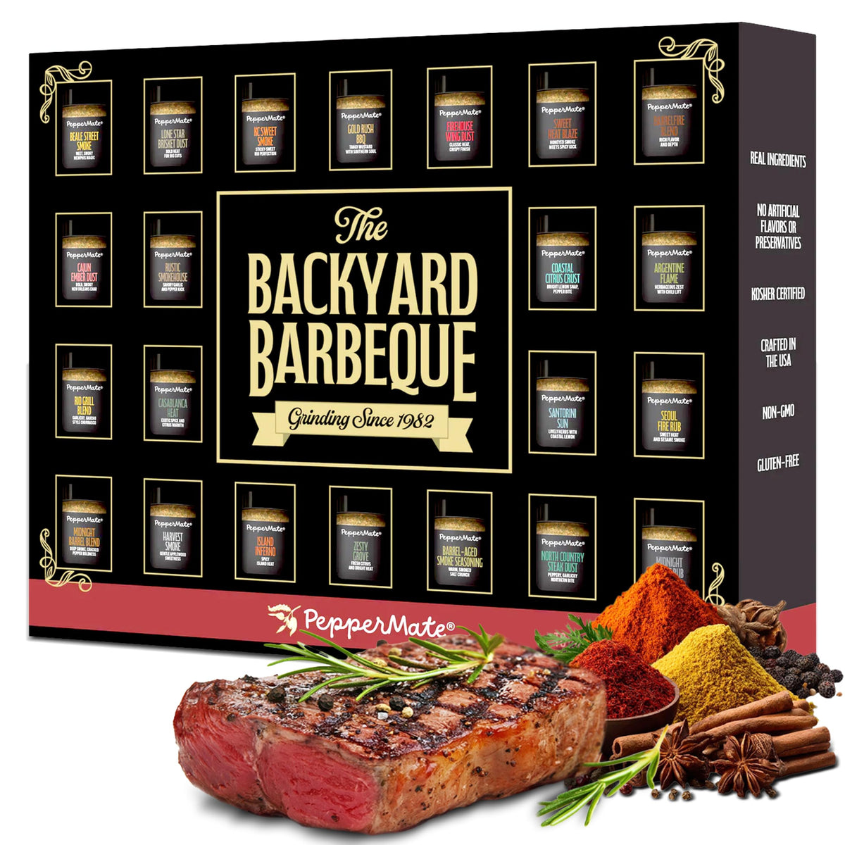 PepperMate 22-Spice Gift Set packaging highlights premium jars for gifting and flavor exploration