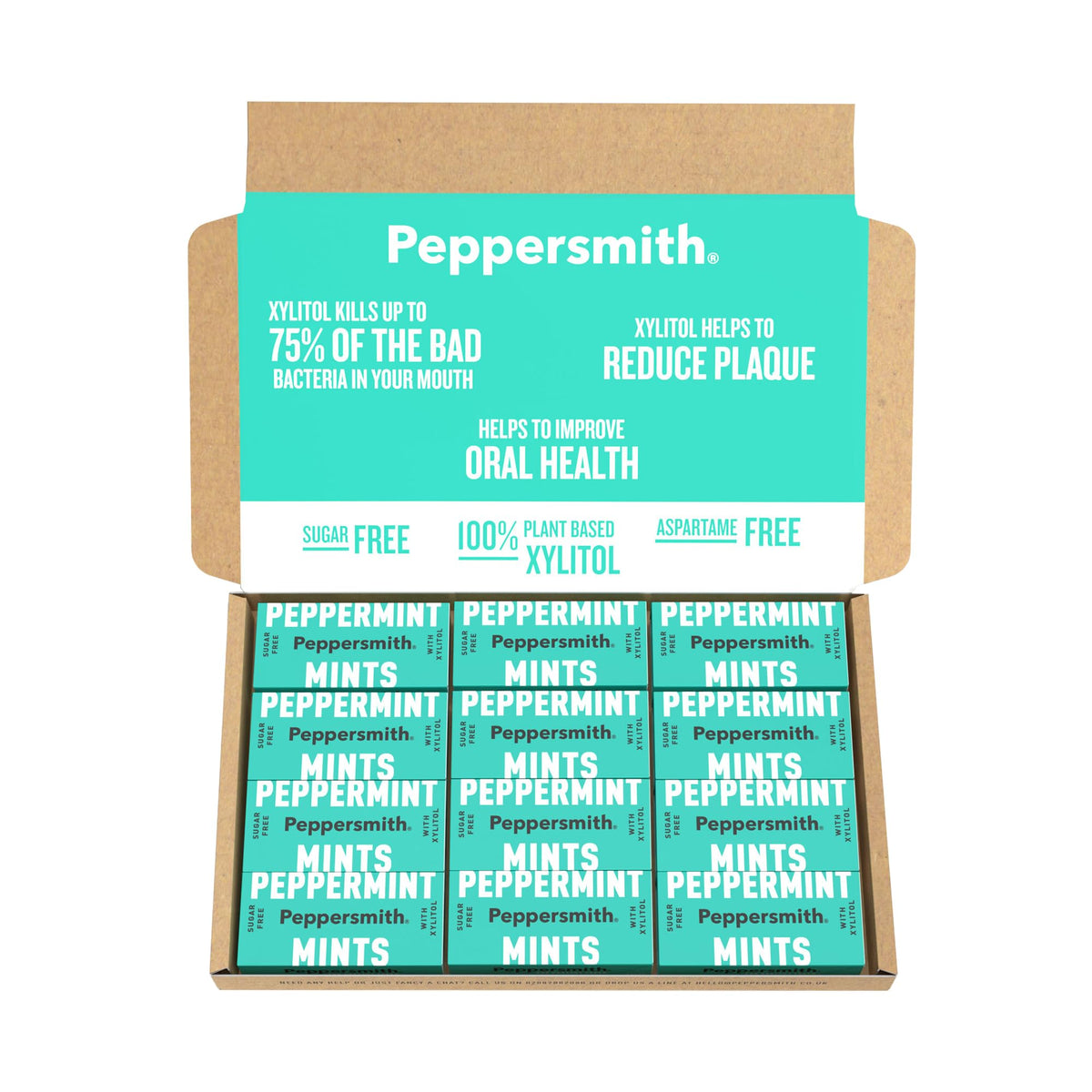 Peppersmith 100% Xylitol Mints in peppermint, 25 mints per pack, fresh breath use case