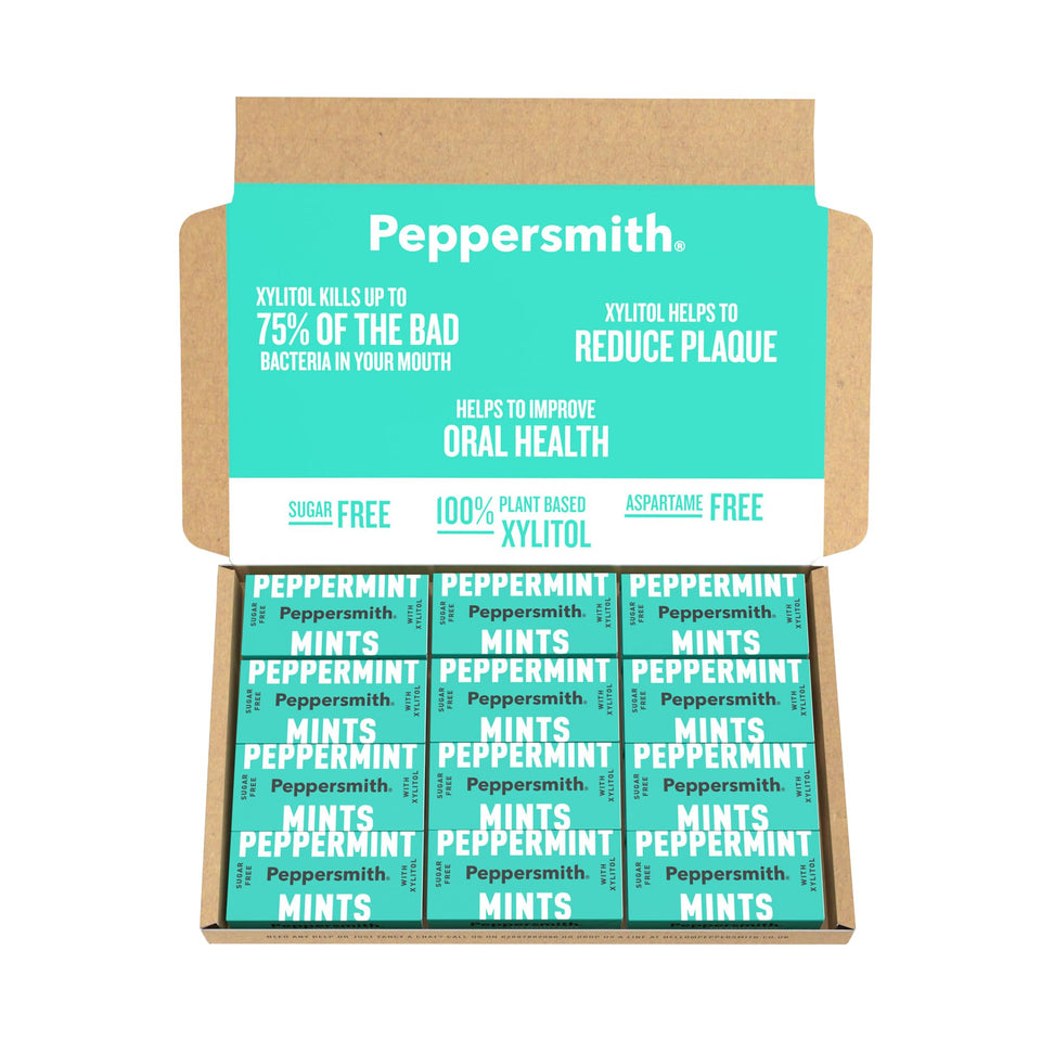Peppersmith 100% Xylitol Mints in peppermint, 25 mints per pack, fresh breath use case