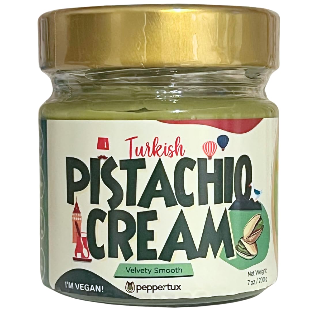 Peppertux Pistachio Butter Jar close-up shows creamy texture for desserts.