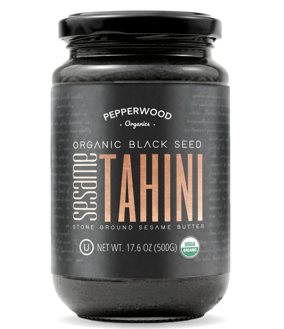 Pepperwood Organics black sesame tahini jar front showcasing pure, organic paste for spreads.