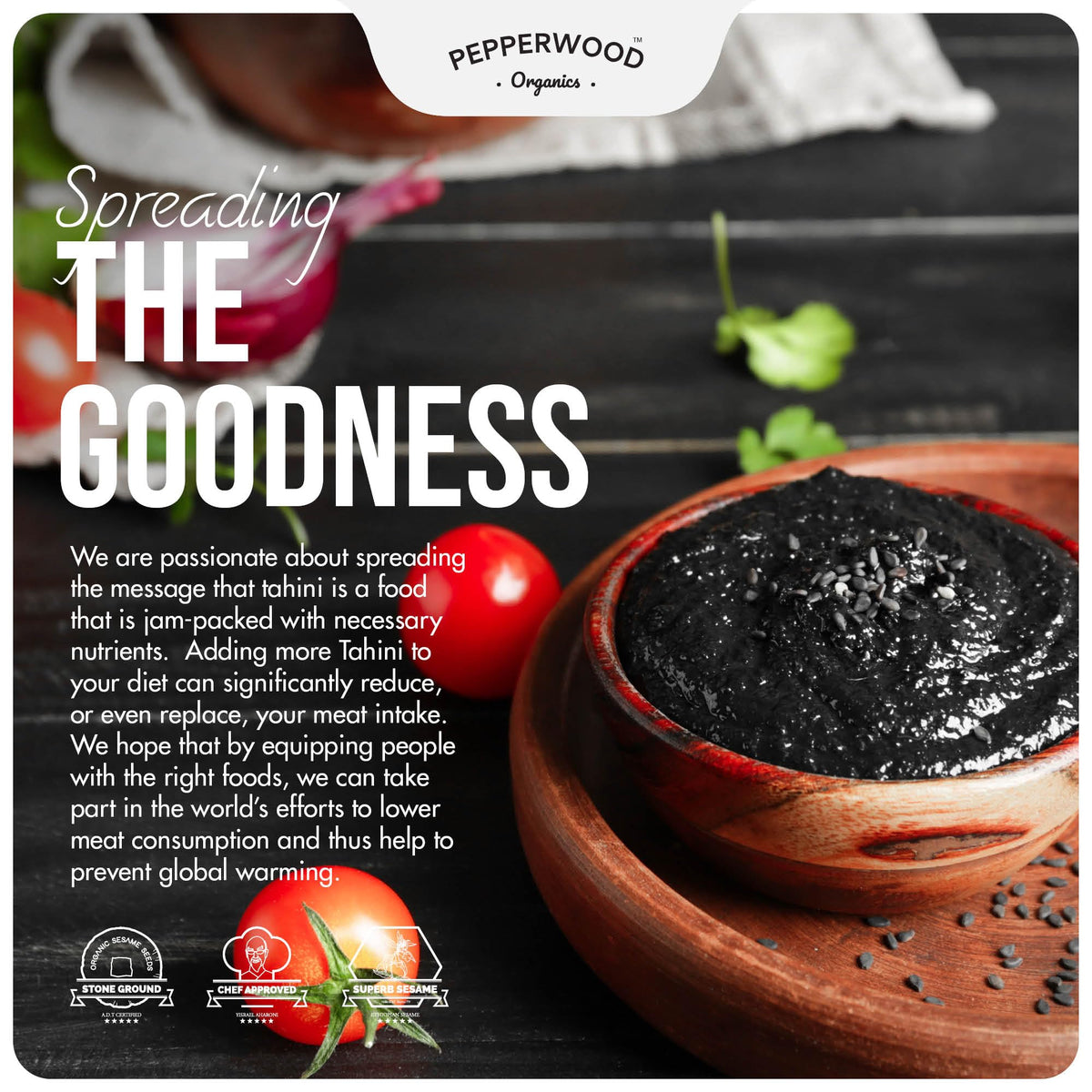 Pepperwood Organics tahini glass jar closeup reveals roasted aroma and rich color.