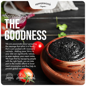 Pepperwood Organics tahini glass jar closeup reveals roasted aroma and rich color.