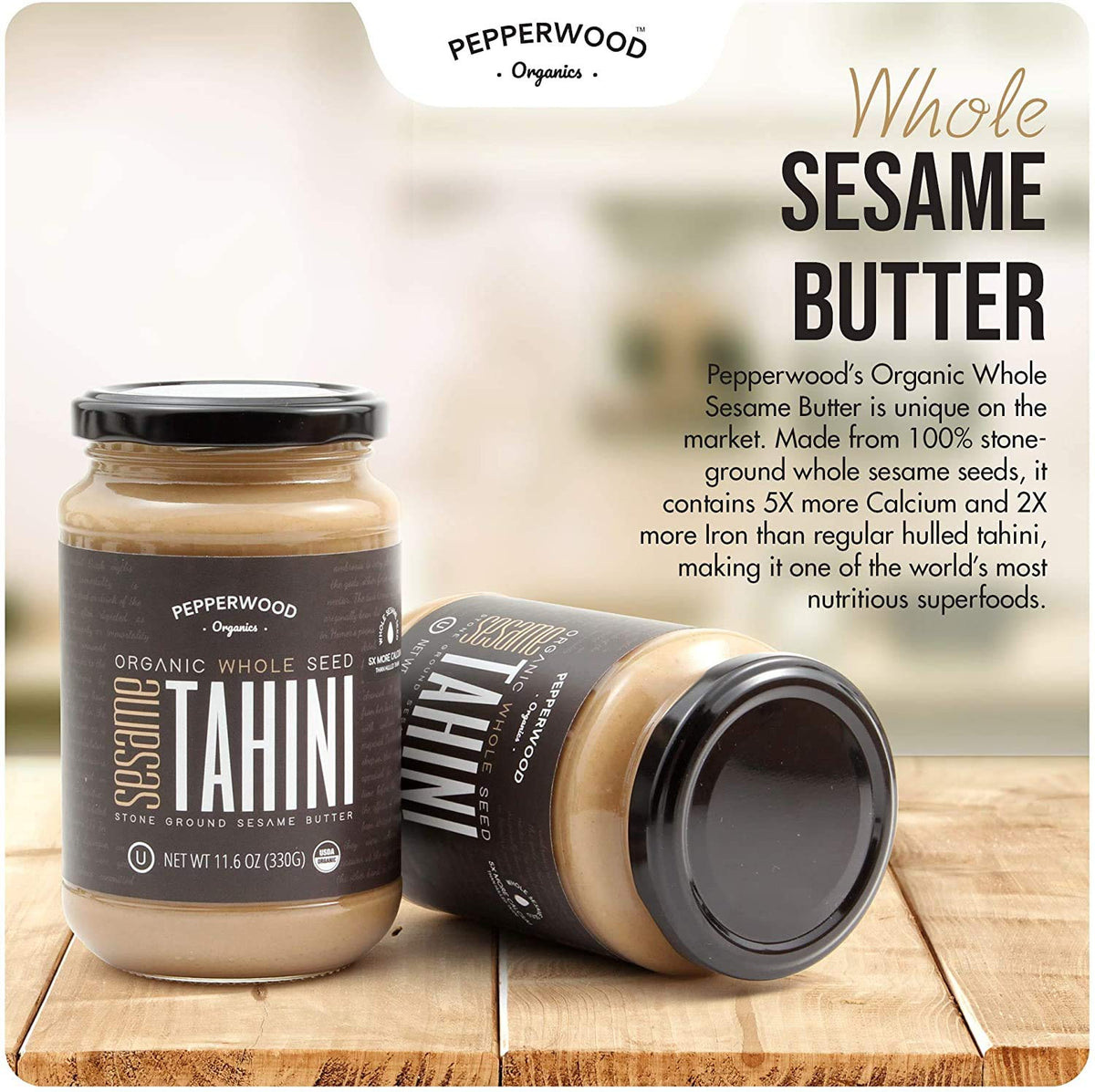 Pepperwood Organics tahini paste hummus prep adds authentic sesame cream.