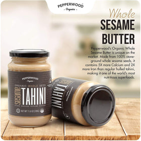 Pepperwood Organics tahini paste hummus prep adds authentic sesame cream.