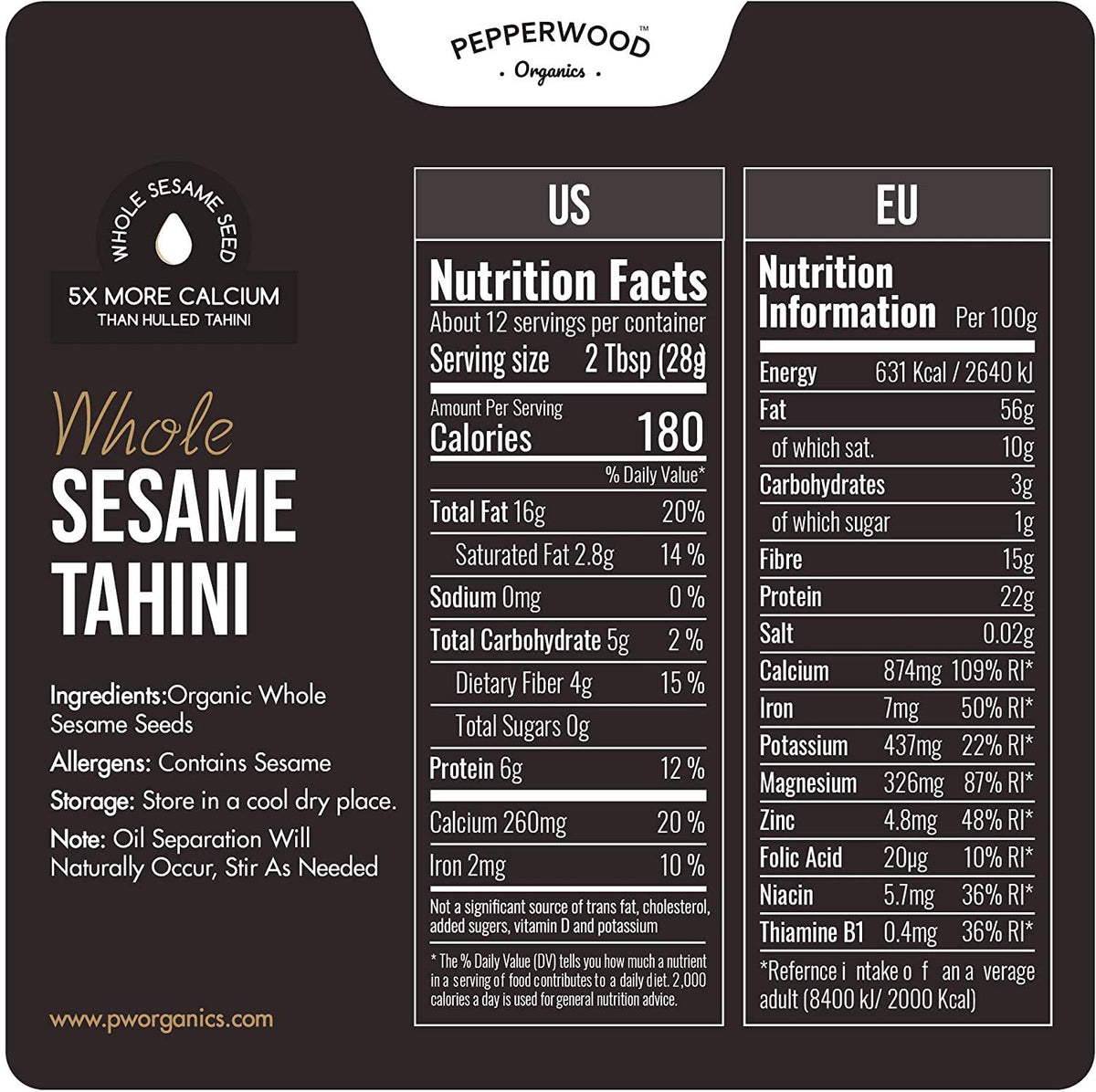 Pepperwood Organics tahini paste jar pouring demonstrates silky texture ideal for dips.