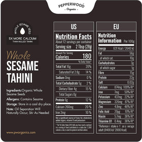 Pepperwood Organics tahini paste jar pouring demonstrates silky texture ideal for dips.