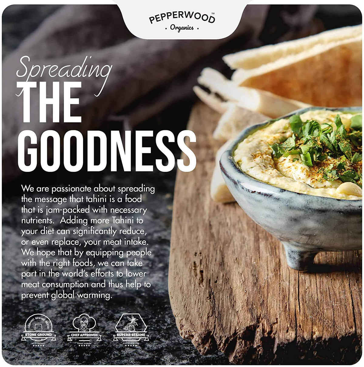Pepperwood Organics tahini paste kitchen scene showing a practical bulk ingredient for cooking.
