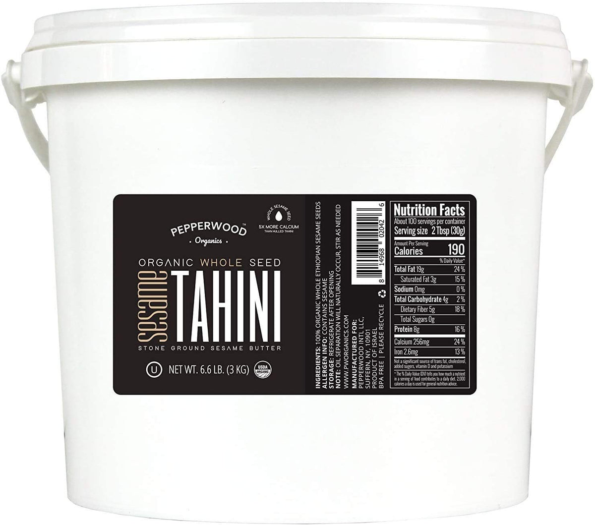 Pepperwood Organics tahini paste bulk bucket label highlights organic status for hummus and dressings.
