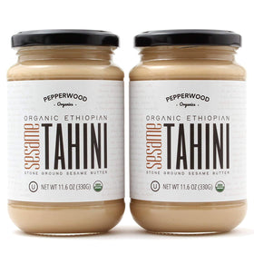 Pepperwood Organics tahini paste jar, creamy stone-ground texture ideal for hummus