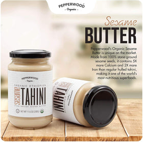 Two-pack Pepperwood Organics tahini jars on shelf, ready for batches
