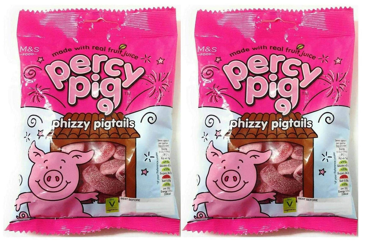 Percy Pigs Phizzy Pig Tails front view, fruity soft gums ready to enjoy.