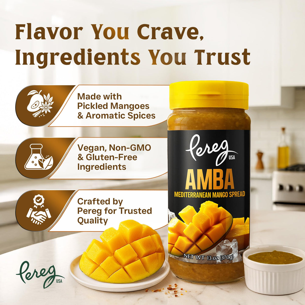 Pereg Amba dipping sauce in bowl highlights rich mango notes.