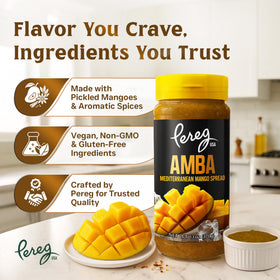 Pereg Amba dipping sauce in bowl highlights rich mango notes.
