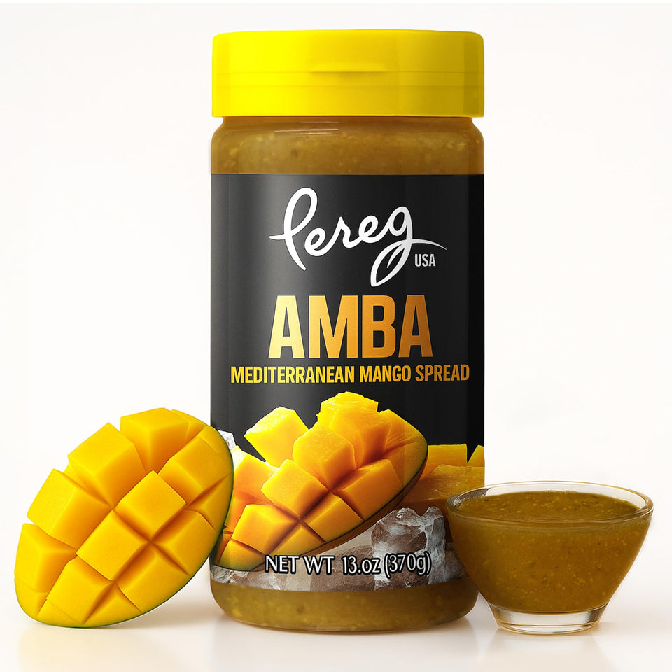 Pereg Amba mango sauce jar shows vibrant color for quick flavor lift.