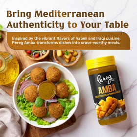 Pereg Amba poured over shawarma suggesting bold tangy topping.