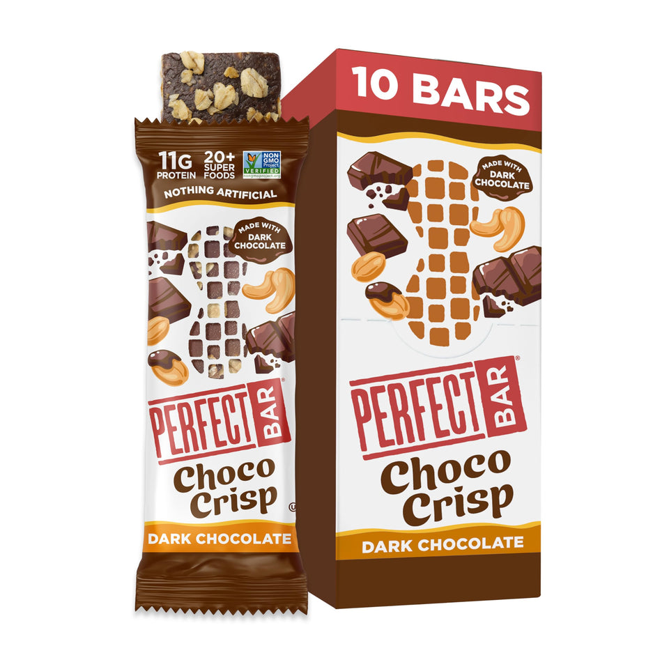 Perfect Bar Choco Crisp front view illustrating a gluten-free, protein-rich snack.