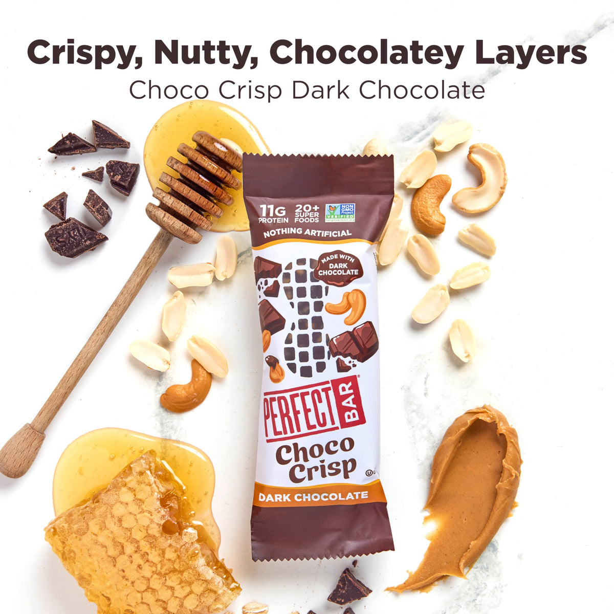 Perfect Bar Choco Crisp ingredients shot emphasizing 20+ superfoods.