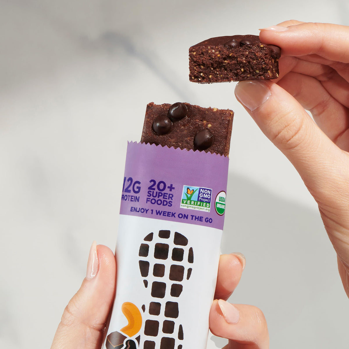 Perfect Bar Chocolate Brownie Bar shows 12g protein per bar for post-workout or between meals
