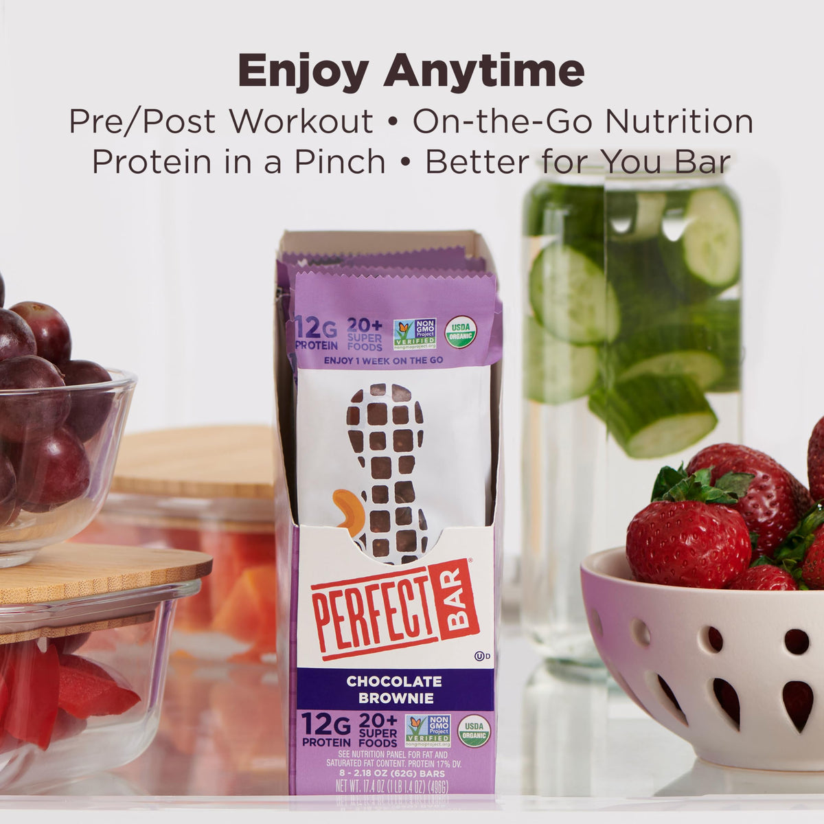 Perfect Bar Chocolate Brownie Bar highlights 20+ organic superfoods for vitamins and minerals