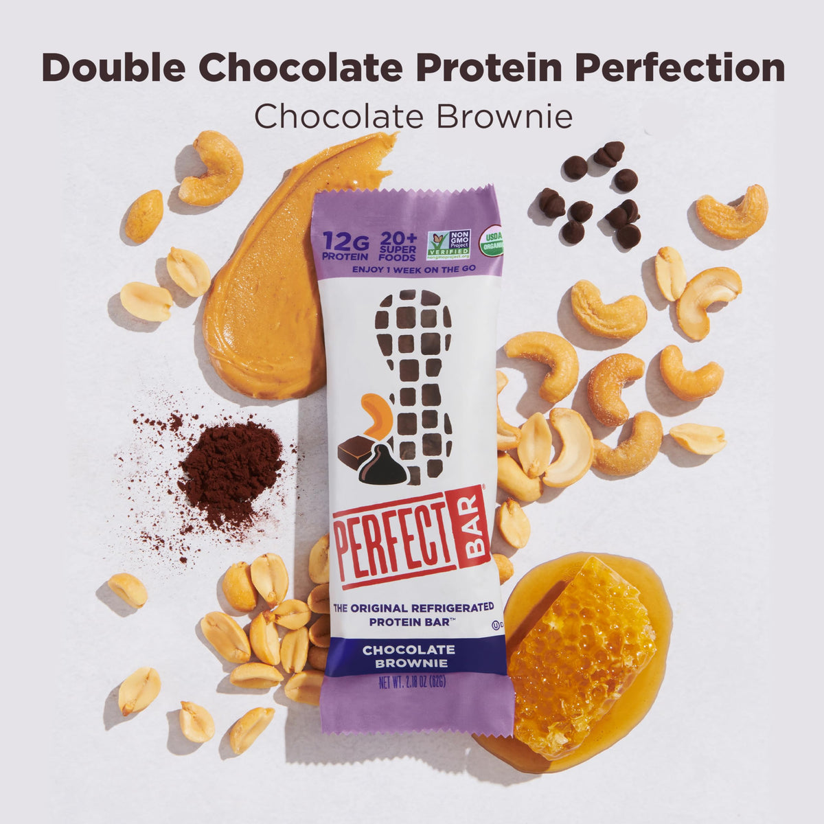 Perfect Bar Chocolate Brownie Bar ingredient view with spoon and bowl