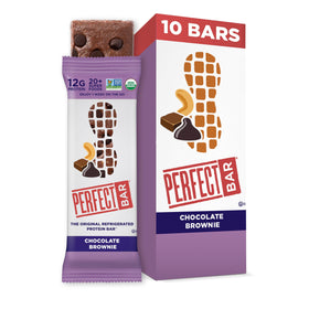 Perfect Bar Chocolate Brownie Bar packaging close-up highlighting organic ingredients and freshness