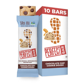 Perfect Bar chocolate chip cookie dough bar front label highlights gluten-free, non-GMO nutrition.