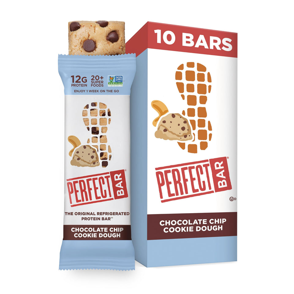 Perfect Bar chocolate chip cookie dough bar front label highlights gluten-free, non-GMO nutrition.