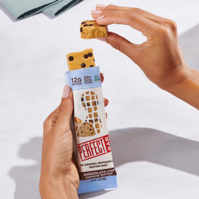 Close-up texture of Perfect Bar showing cookie dough consistency.