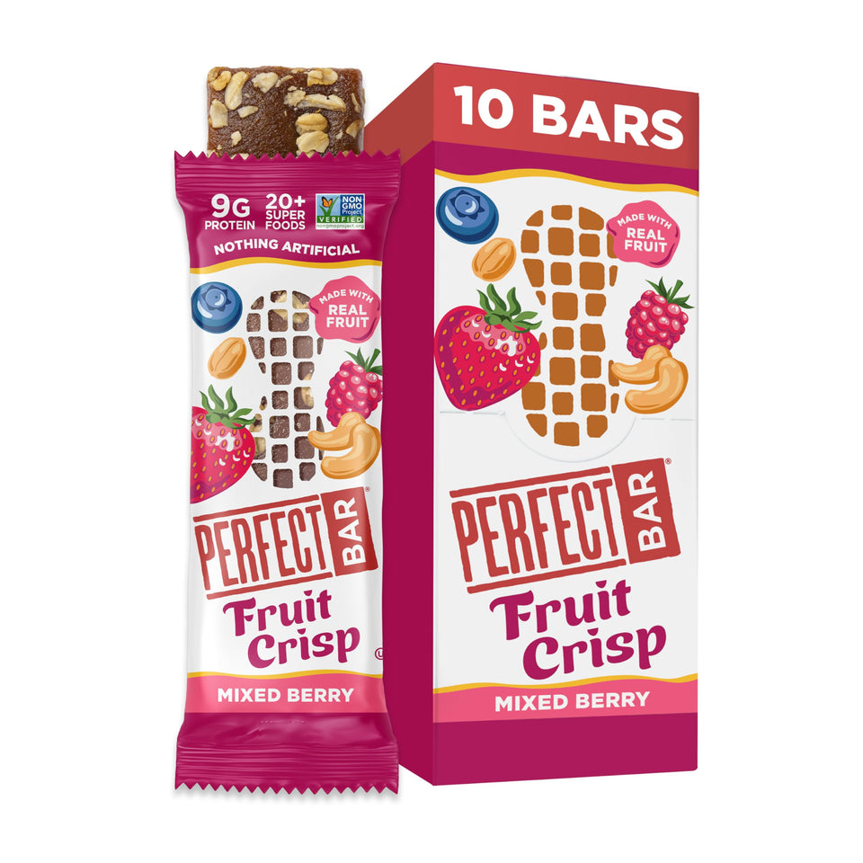 Perfect Bar packaging shows gluten-free, protein-packed snack on the go.