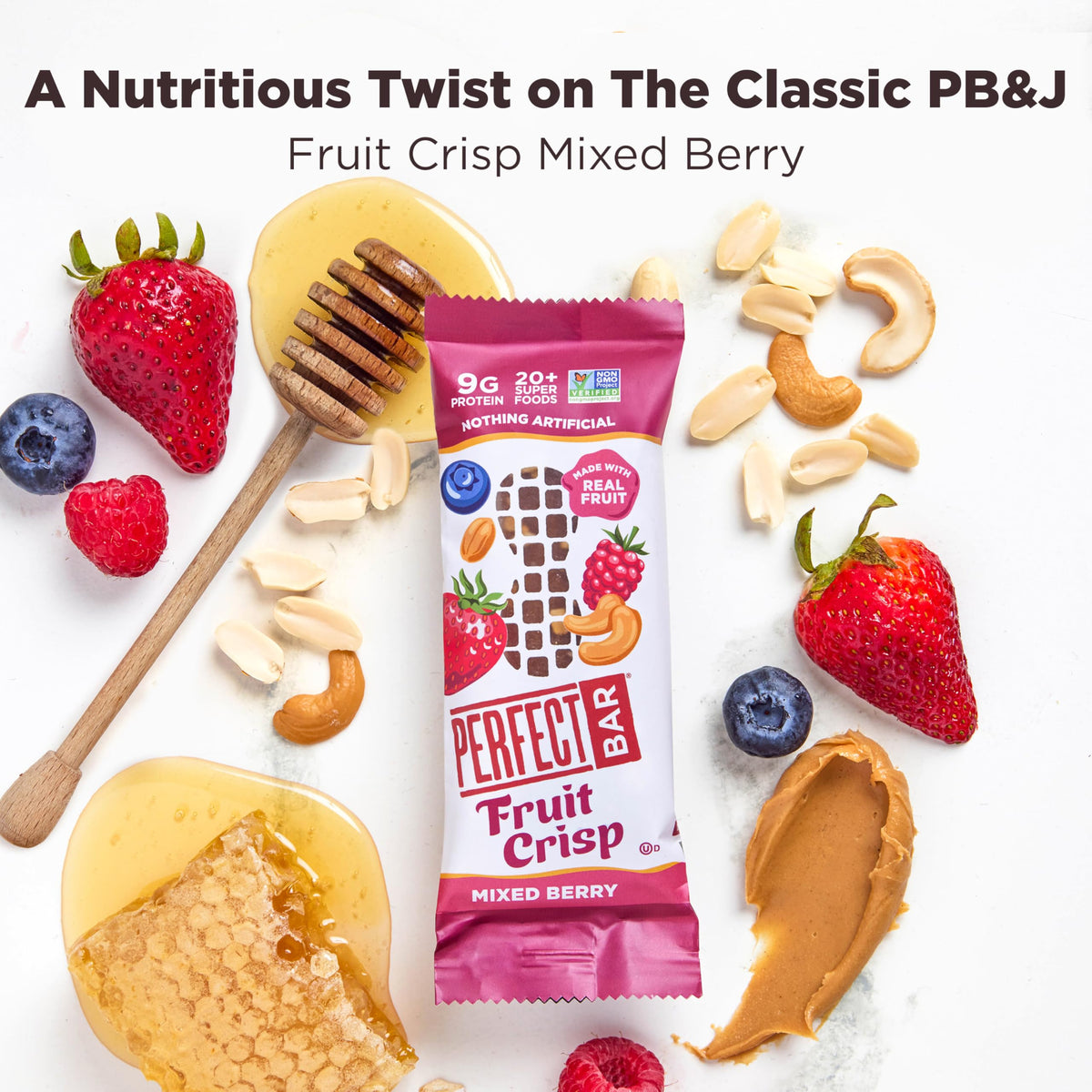 Perfect Bar fruit spread close-up highlights real fruit and gluten-free oats.