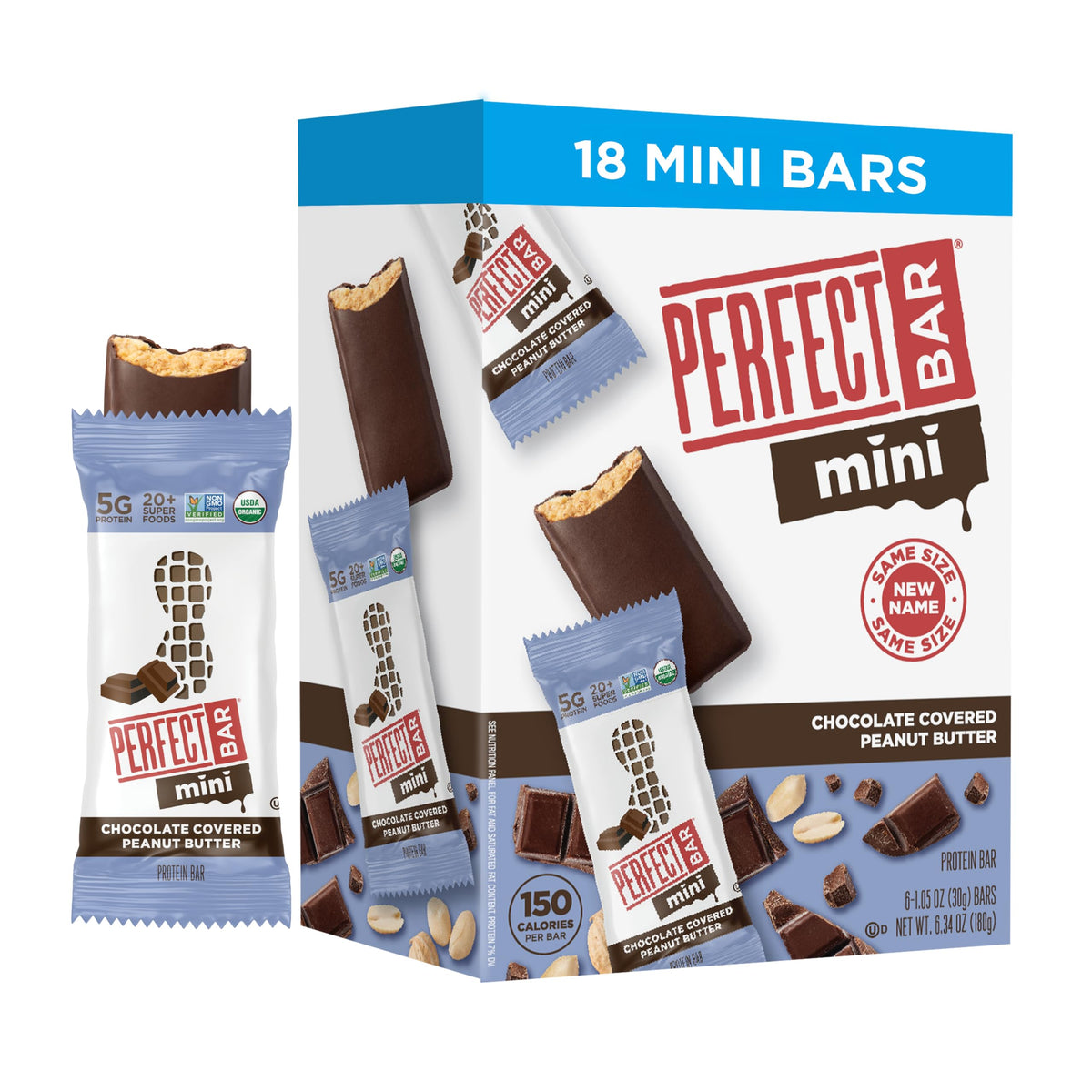 Perfect Bar Mini chocolate-covered peanut butter bar, a protein-packed quick snack.