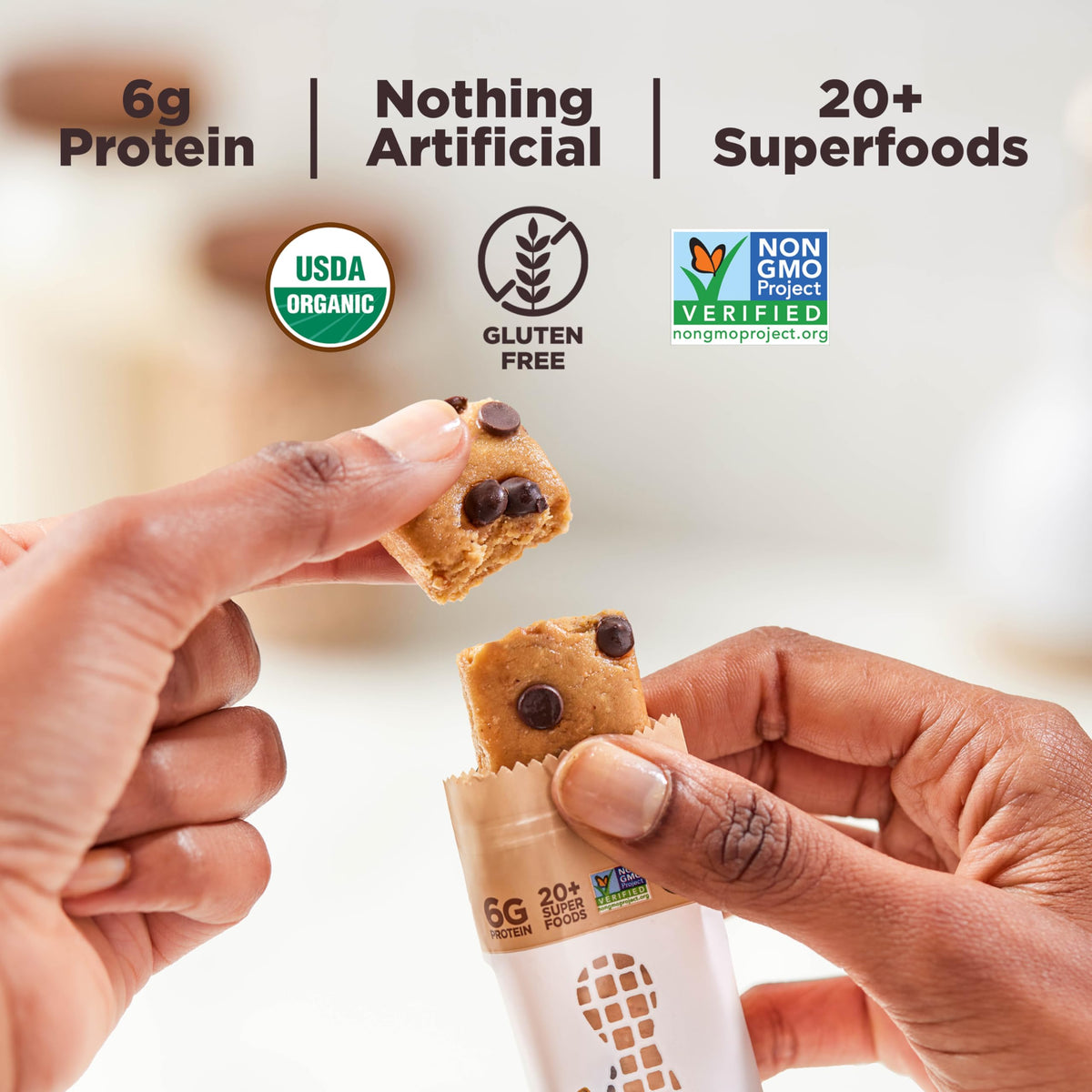 Packaging of Perfect Bar Mini highlighting organic, gluten-free, non-GMO features.