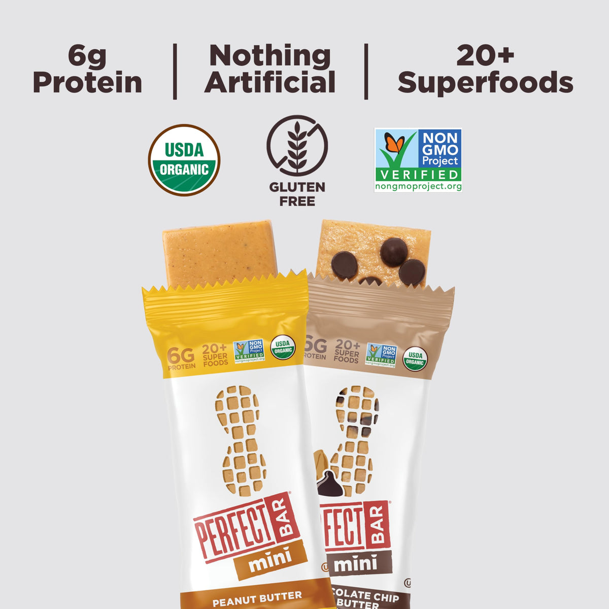 Perfect Bar Mini Dark Chocolate Chip Peanut Butter image; indulgent flavor with 6g protein.