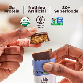 Close-up of Perfect Bar Mini with dark chocolate coating and 5 g protein.