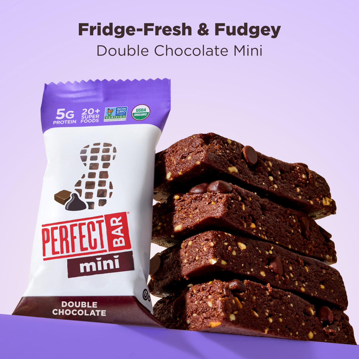 Perfect Bar Mini Double Chocolate close-up reveals rich dark chocolate and creamy peanut butter.