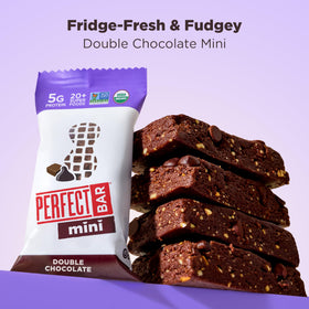 Perfect Bar Mini Double Chocolate close-up reveals rich dark chocolate and creamy peanut butter.