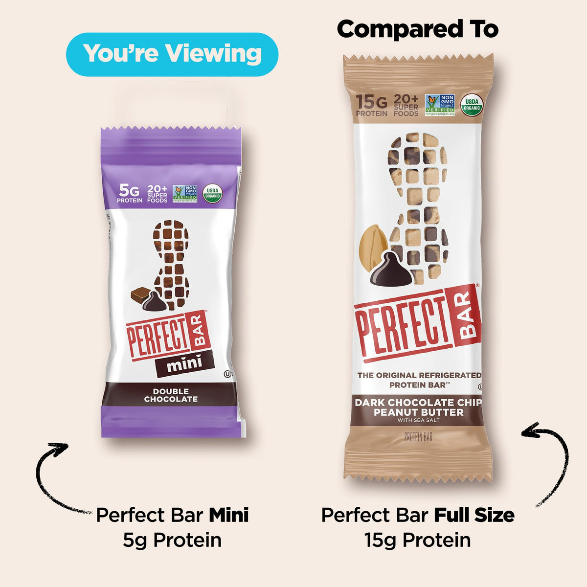 Perfect Bar Mini Double Chocolate in fridge shows refrigeration-friendly storage.