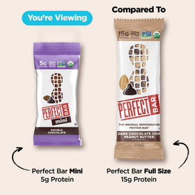 Perfect Bar Mini Double Chocolate in fridge shows refrigeration-friendly storage.