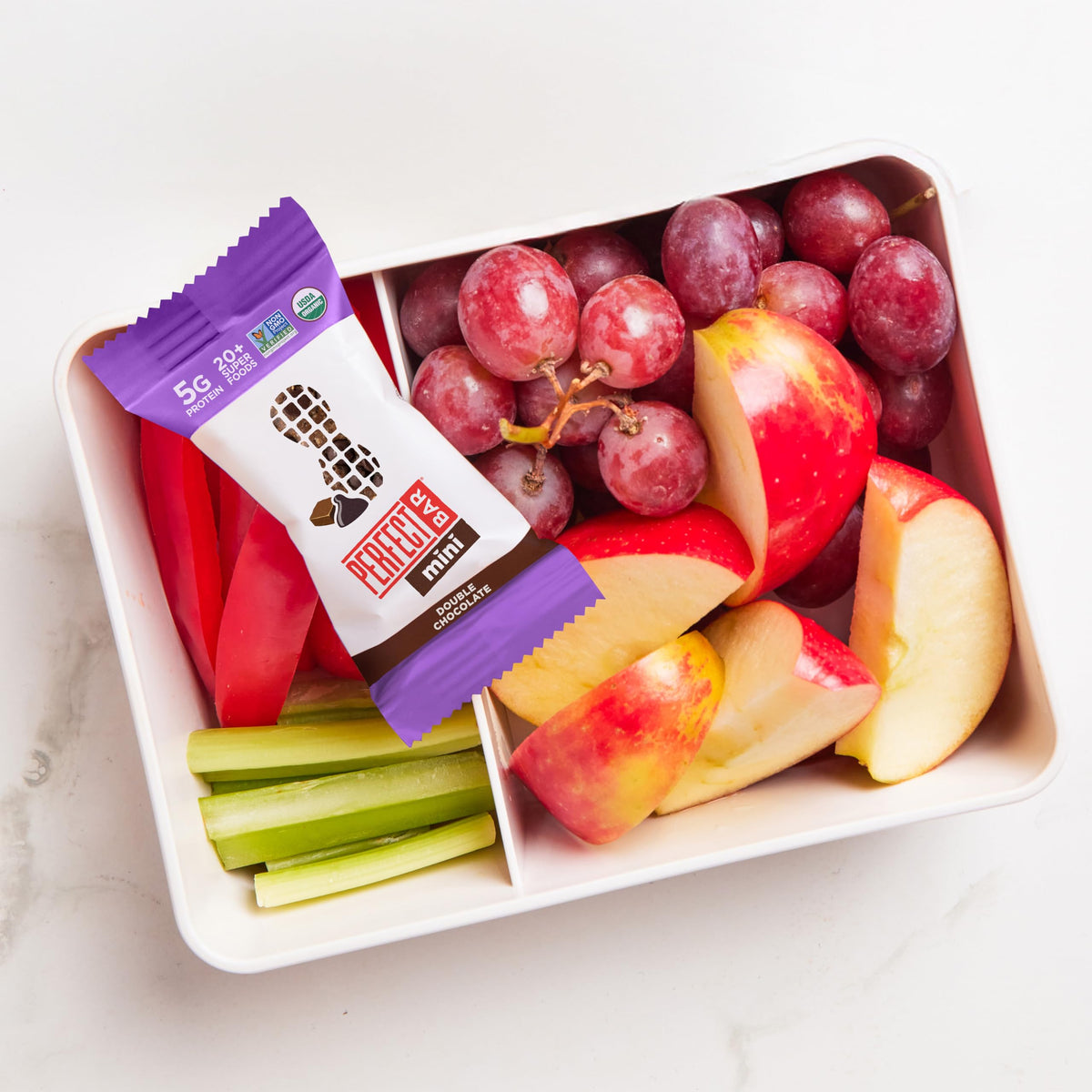 Perfect Bar Mini Double Chocolate ingredients shot shows 20+ organic superfoods.
