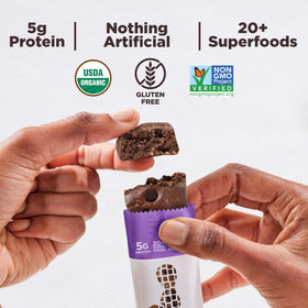 Perfect Bar Mini Double Chocolate packaging highlights gluten-free, kosher, non-GMO ingredients.