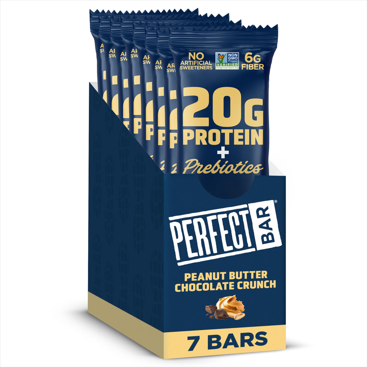 Perfect Bar packaging highlights 20g protein and prebiotics for on-the-go fuel.