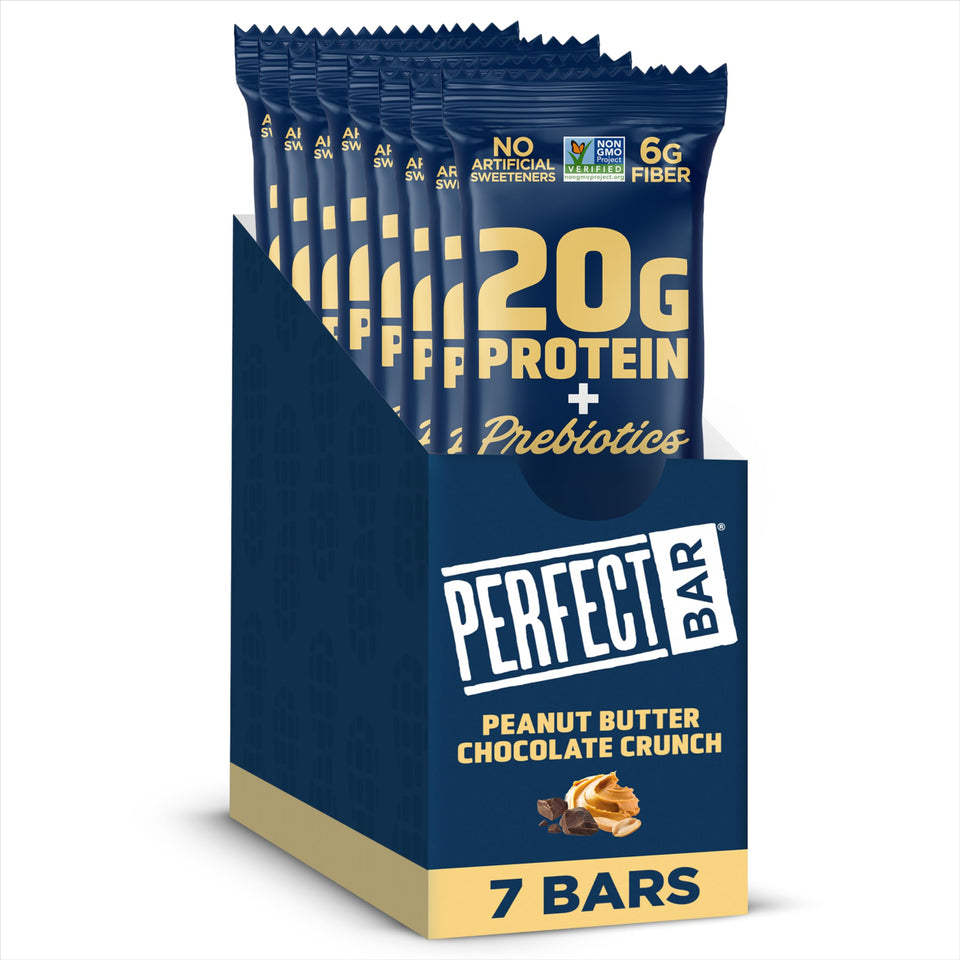 Perfect Bar packaging highlights 20g protein and prebiotics for on-the-go fuel.