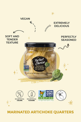 Perfect Choice artichoke quarters marinated jar side view shows bite-sized pieces for salads