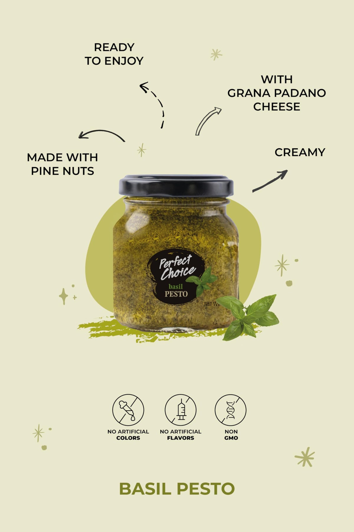 Perfect Choice Basil Pesto sauce label highlights premium ingredients and fresh basil.