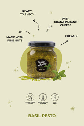 Perfect Choice Basil Pesto sauce label highlights premium ingredients and fresh basil.