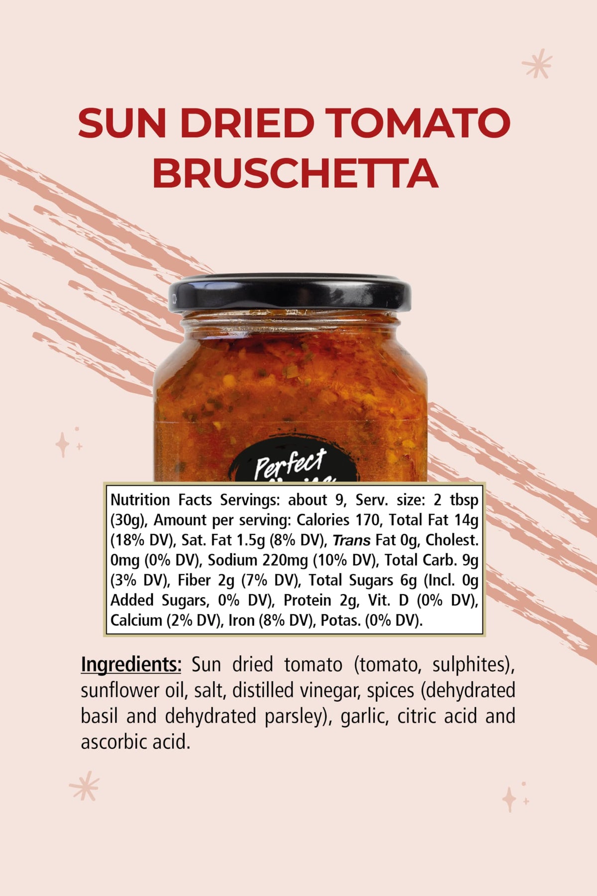 Close-up of sun-dried tomatoes and herbs in Perfect Choice bruschetta.